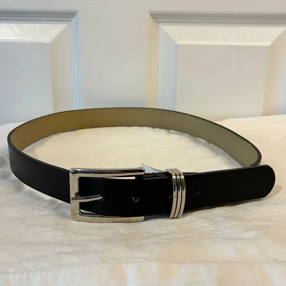 Womens Belt Black Silver Buckle Triple Loop Faux Leather Size Small/Med